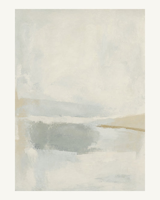 Abstrakt måleriskt motiv i varm benvit, mycket blek gråblå, diskret gulgrå. Breda, ojämna färglager möts kring en avbruten horisont och lämnar gott om ljus luft. 40 × 50 cm.