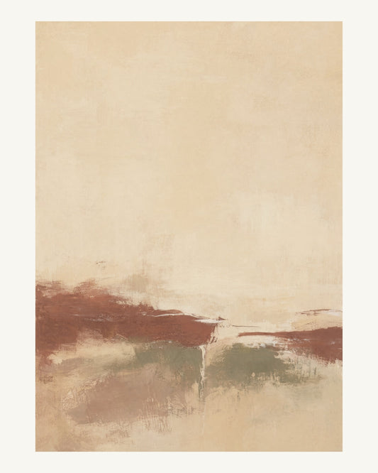 Abstrakt måleriskt motiv i ljus varm beige, dämpad vinrödbrun, brungrön. Breda, ojämna färglager möts kring en avbruten horisont och lämnar gott om ljus luft. 40 × 50 cm.