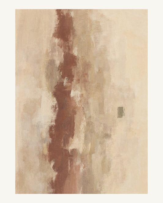 Abstrakt måleriskt motiv i ljus varm beige, dämpad vinrödbrun, brungrön. Ett brutet lodrätt färgstråk möter tunna utsuddade slöjor och en liten förskjuten accent. 40 × 50 cm.