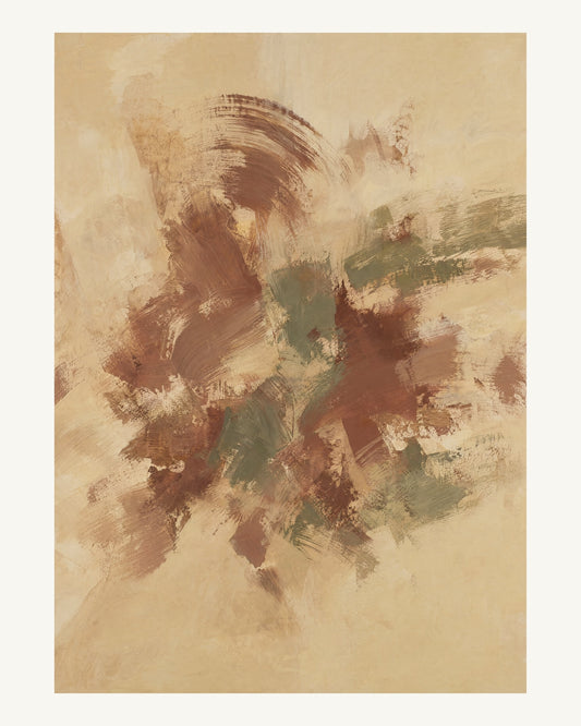 Abstrakt måleriskt motiv i ljus varm beige, dämpad vinrödbrun, brungrön. Korta, torra penseldrag möter en bredare rörelse i en färgrik mittpunkt med luft runt omkring. 40 × 50 cm.
