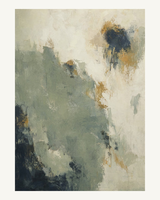 Abstrakt måleriskt motiv i bruten varmvit, ljus grågrön. Ett fylligt, oregelbundet färgfält får tyngd av skrapade lager och bryts av ljusare öppningar. 40 × 50 cm.