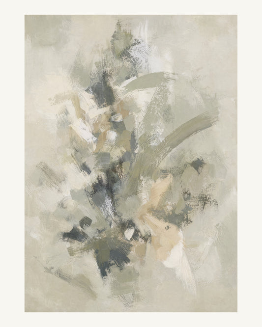 Abstrakt måleriskt motiv i bruten varmvit, ljus grågrön. Korta, torra penseldrag möter en bredare rörelse i en färgrik mittpunkt med luft runt omkring. 40 × 50 cm.