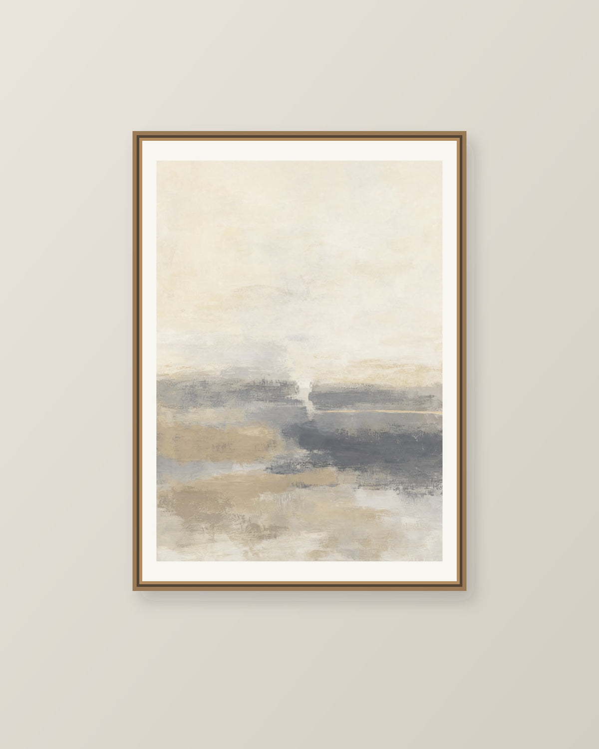 Abstrakt måleriskt motiv i varm vit, mjuk skiffergrå, sandbeige, blek vaniljgul. Breda, ojämna färglager möts kring en avbruten horisont och lämnar gott om ljus luft. Illustrerad inramningsvy. Ram ingår inte.