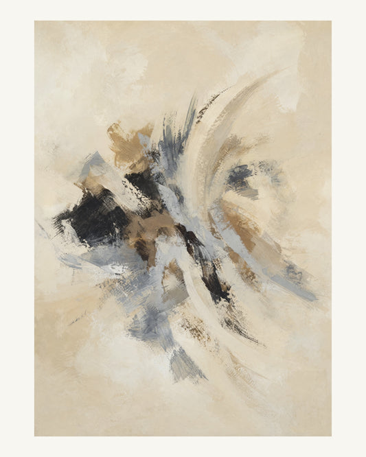 Abstrakt måleriskt motiv i elfenbensbeige, varm pärlvit. Korta, torra penseldrag möter en bredare rörelse i en färgrik mittpunkt med luft runt omkring. 40 × 50 cm.