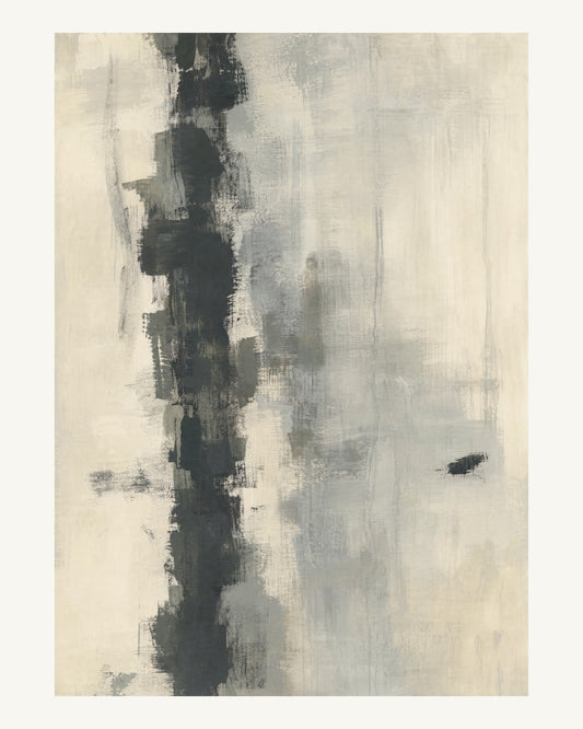 Abstrakt måleriskt motiv i varm vit, mjukt kolsvart, grå. Ett brutet lodrätt färgstråk möter tunna utsuddade slöjor och en liten förskjuten accent. 40 × 50 cm.
