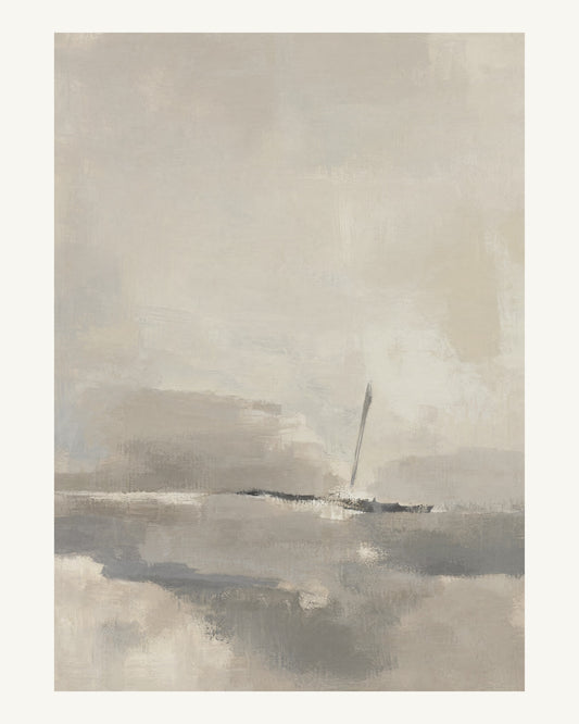 Abstrakt måleriskt motiv i varm taupegrå, ljus gilver/beige, kolgrå. Breda, ojämna färglager möts kring en avbruten horisont och lämnar gott om ljus luft. 40 × 50 cm.