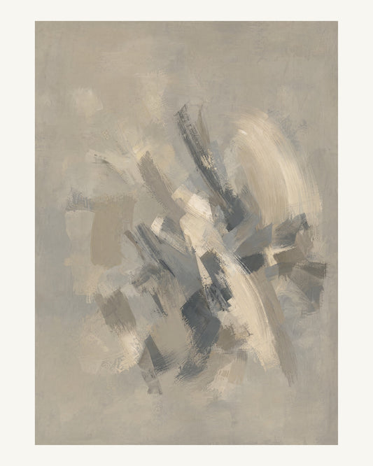 Abstrakt måleriskt motiv i varm taupegrå, ljus gilver/beige, kolgrå. Korta, torra penseldrag möter en bredare rörelse i en färgrik mittpunkt med luft runt omkring. 40 × 50 cm.