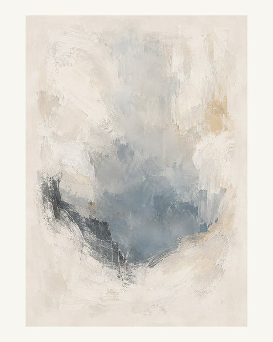 En mjuk fördjupning i blågrått ligger innesluten i ljusa kalklager. Format 40 × 50 cm med ljus marginal.