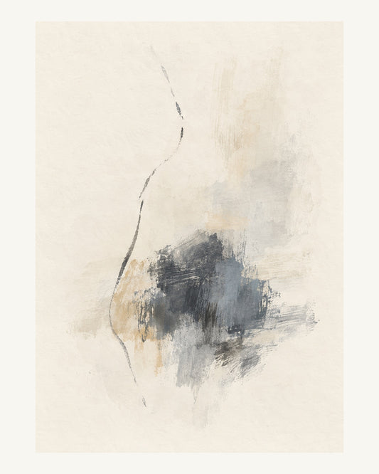 En tunn bruten linje passerar ett tungt men litet grått fält. Format 40 × 50 cm med ljus marginal.