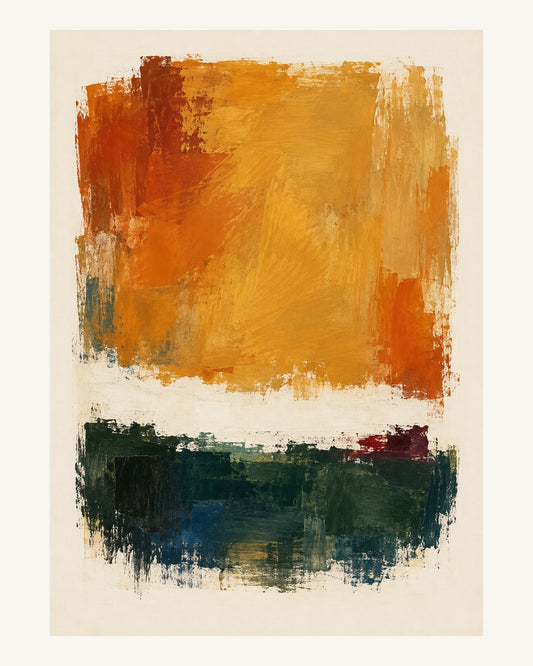 Ett brett fält i gyllene ockra möter en låg, skogsgrön avlagring. Format 40 × 50 cm med ljus marginal.