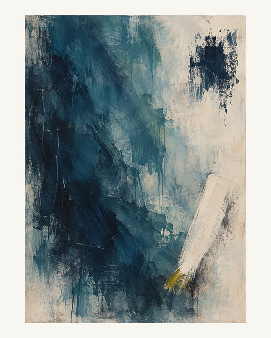 Ett tunt diagonalt tealfält möter ett kort kritvitt penseldrag och en mörkblå skrapning. Format 40 × 50 cm med ljus marginal.