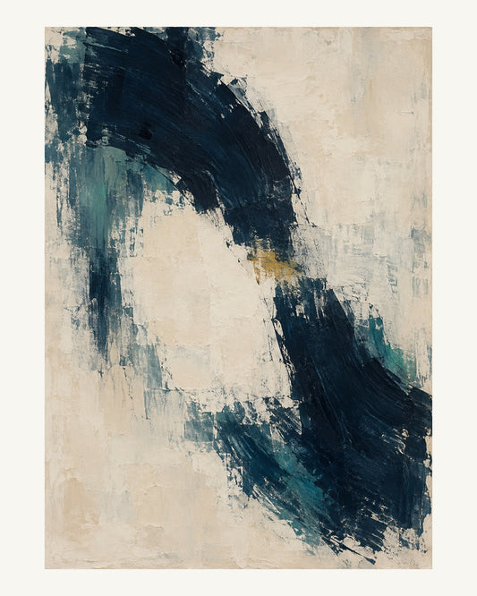 En bruten blå svepning tar en omväg runt en orörd ljus yta med tunna tealfärgade kanter. Format 40 × 50 cm med ljus marginal.