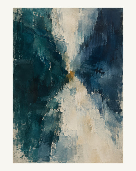 Ett ojämnt ljust stråk öppnar sig mellan mörk teal och tunna bläckblå färgskikt. Format 40 × 50 cm med ljus marginal.