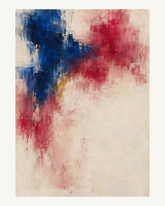 Hallonröda fläckar och ultramarinblå färgrester bryter fram ur en bearbetad ljus grund. Format 40 × 50 cm med ljus marginal.