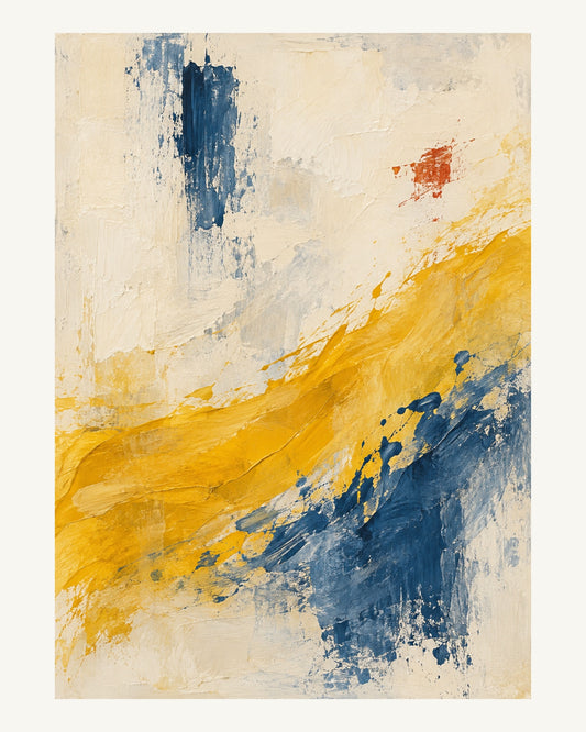 En bred saffransgul rörelse sveper diagonalt genom bildens nedre del med små stålblå färgansamlingar. Format 40 × 50 cm med ljus marginal.