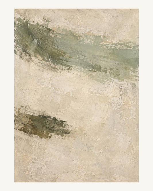 Ett brett celadongrönt penseldrag svävar över ett mindre olivgrönt spår på varm kalkfärg. Format 40 × 50 cm med ljus marginal.