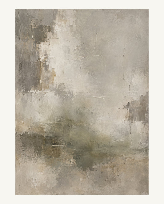 Fina brutna skrapspår lyser genom en varmgrå grund med en blek olivfärgad skiftning. Format 40 × 50 cm med ljus marginal.