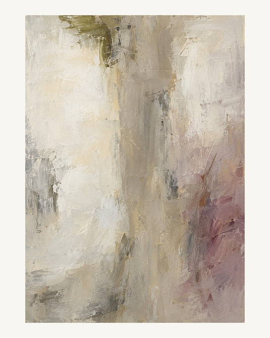 Ett mjukt kittgrått stråk omges av kalkljusa ytor och små skiftningar i oliv och malva. Format 40 × 50 cm med ljus marginal.