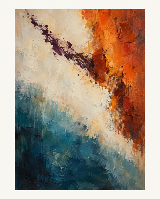 Bränd orange och petrolblått hålls isär av ett ljust mellanrum med ett mörkt, torrt penselspår. Format 40 × 50 cm med ljus marginal.