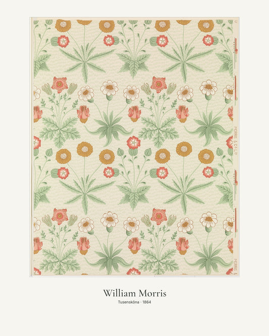 Tusensköna av William Morris. Konstposter med ljus marginal och diskret verktext. 40 × 50 cm.