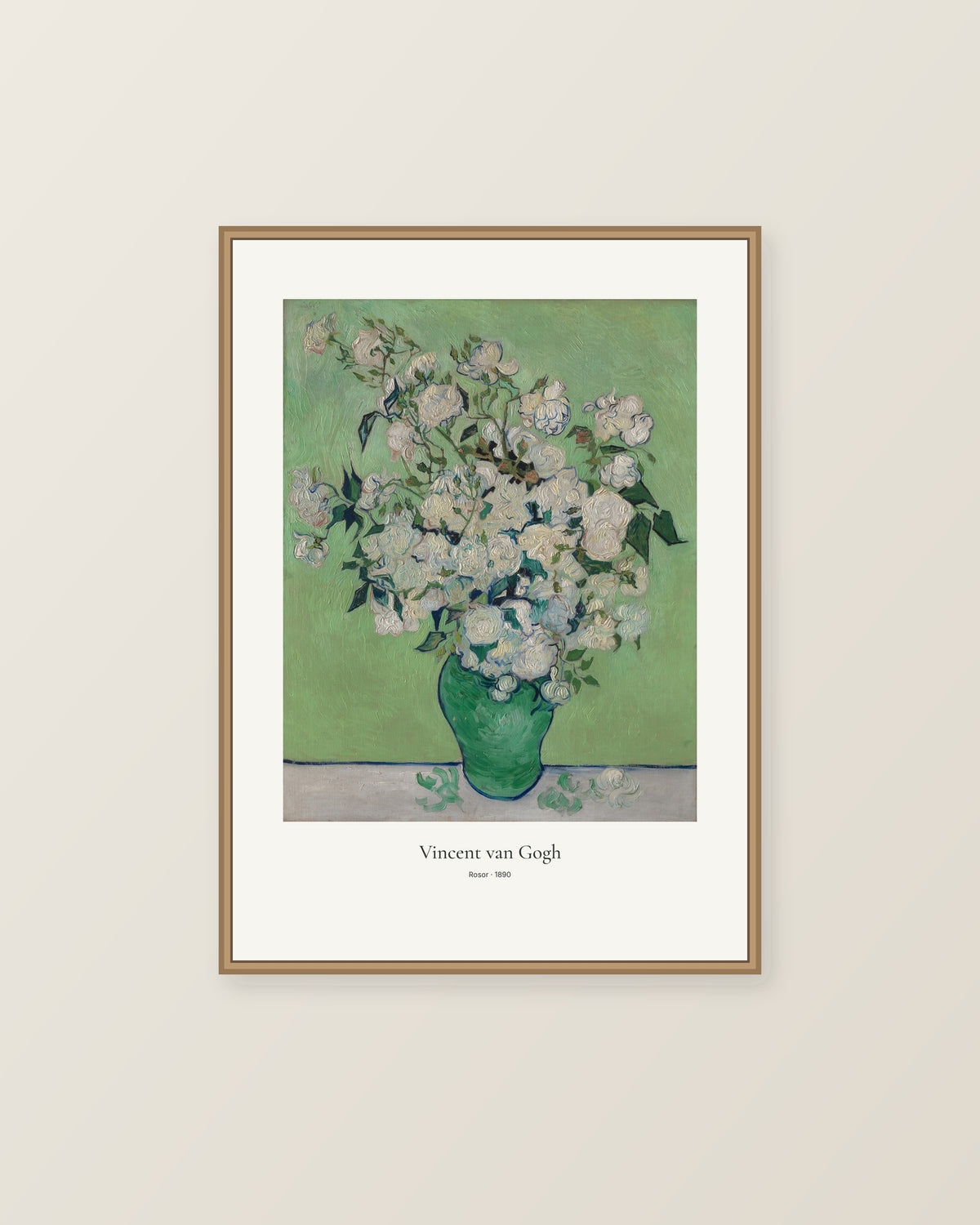 Rosor av Vincent van Gogh. Konstposter med ljus marginal och diskret verktext. Illustrerad inramningsvy. Ram ingår inte.