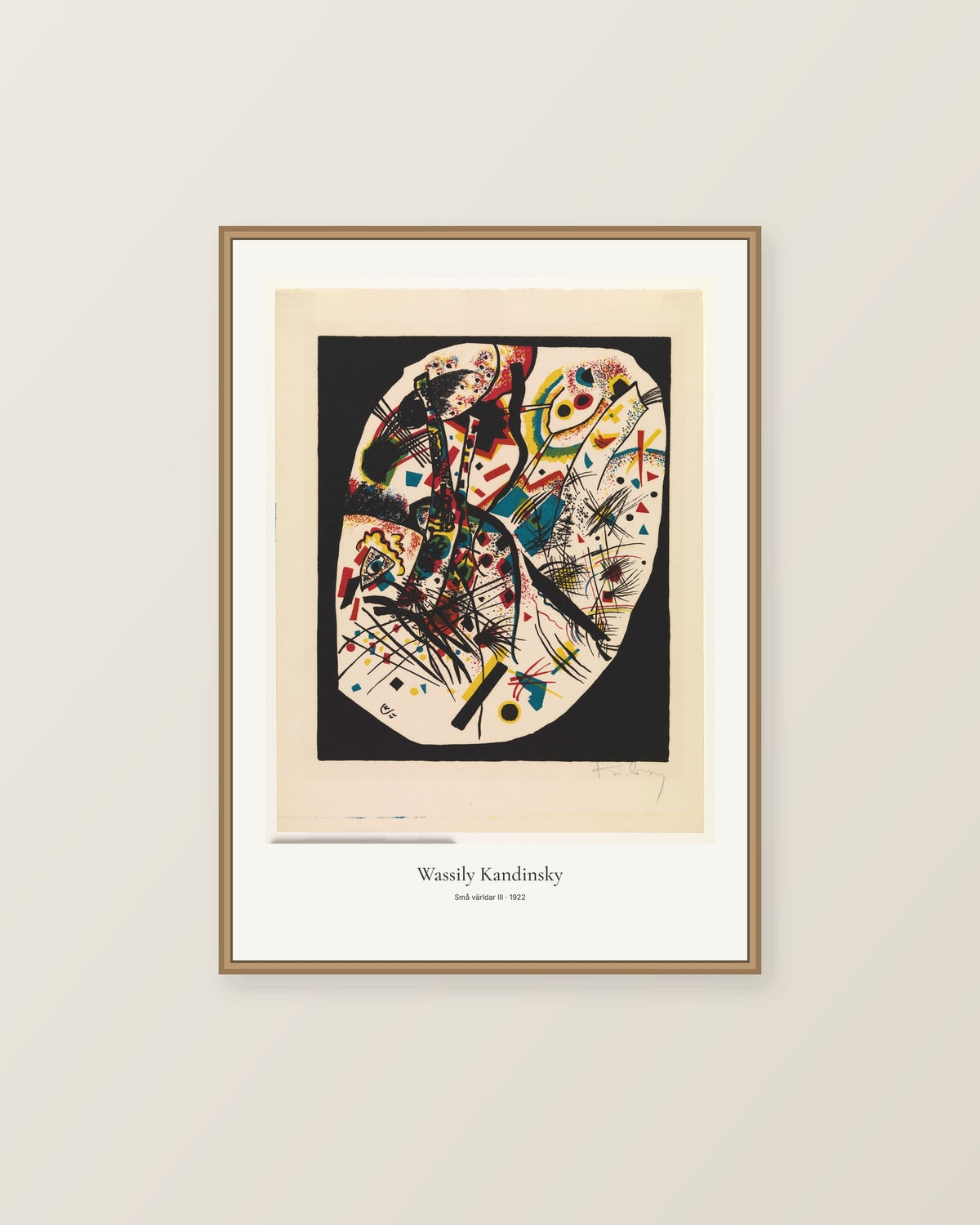 Små världar III av Wassily Kandinsky. Konstposter med ljus marginal och diskret verktext. Illustrerad inramningsvy. Ram ingår inte.