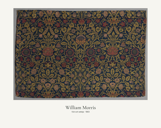 Viol och akleja av William Morris. Konstposter med ljus marginal och diskret verktext. 40 × 50 cm.