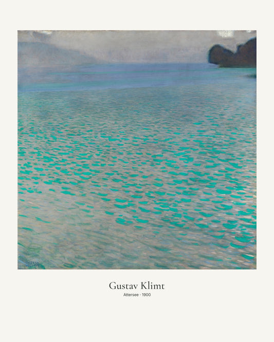Attersee av Gustav Klimt. Konstposter med ljus marginal och diskret verktext. 40 × 50 cm.