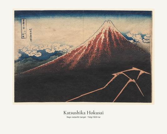 Regn nedanför berget av Katsushika Hokusai. Konstposter med ljus marginal och diskret verktext. 40 × 50 cm.
