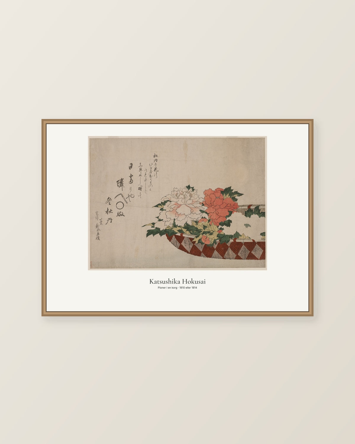 Pioner i en korg av Katsushika Hokusai. Konstposter med ljus marginal och diskret verktext. Illustrerad inramningsvy. Ram ingår inte.