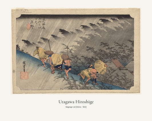 Slagregn vid Shōno av Utagawa Hiroshige. Konstposter med ljus marginal och diskret verktext. 40 × 50 cm.