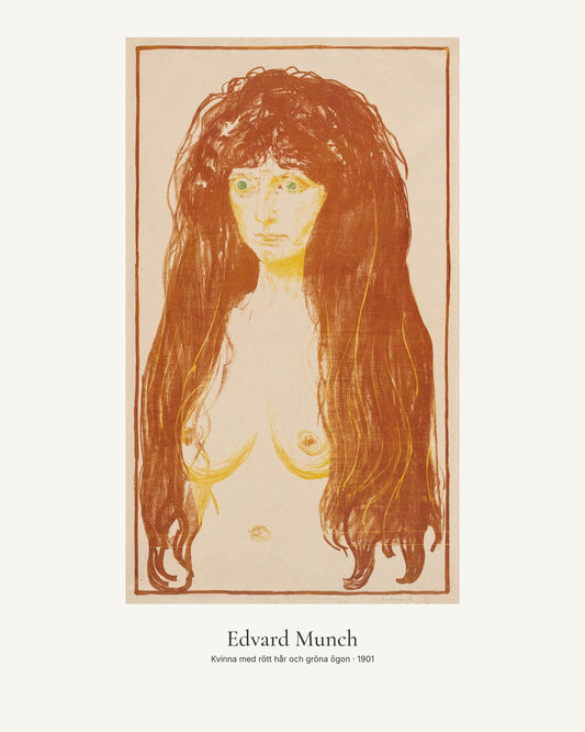 Kvinna med rött hår och gröna ögon av Edvard Munch. Konstposter med ljus marginal och diskret verktext. 40 × 50 cm.