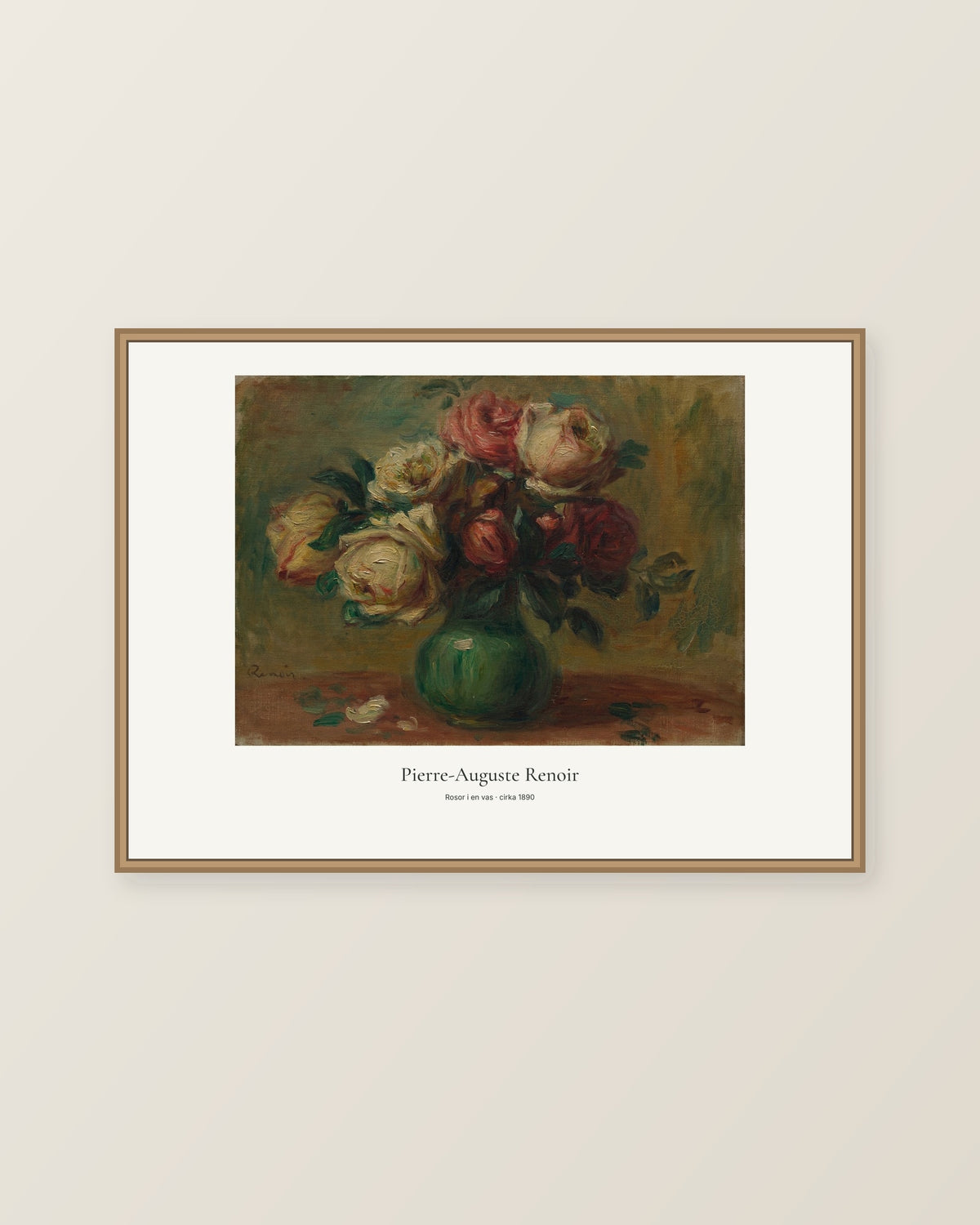 Rosor i en vas av Pierre-Auguste Renoir. Konstposter med ljus marginal och diskret verktext. Illustrerad inramningsvy. Ram ingår inte.