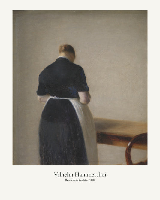 Kvinna sedd bakifrån av Vilhelm Hammershøi. Konstposter med ljus marginal och diskret verktext. 40 × 50 cm.