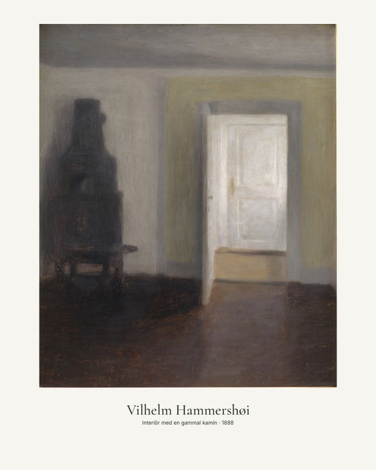 Interiör med en gammal kamin av Vilhelm Hammershøi. Konstposter med ljus marginal och diskret verktext. 40 × 50 cm.
