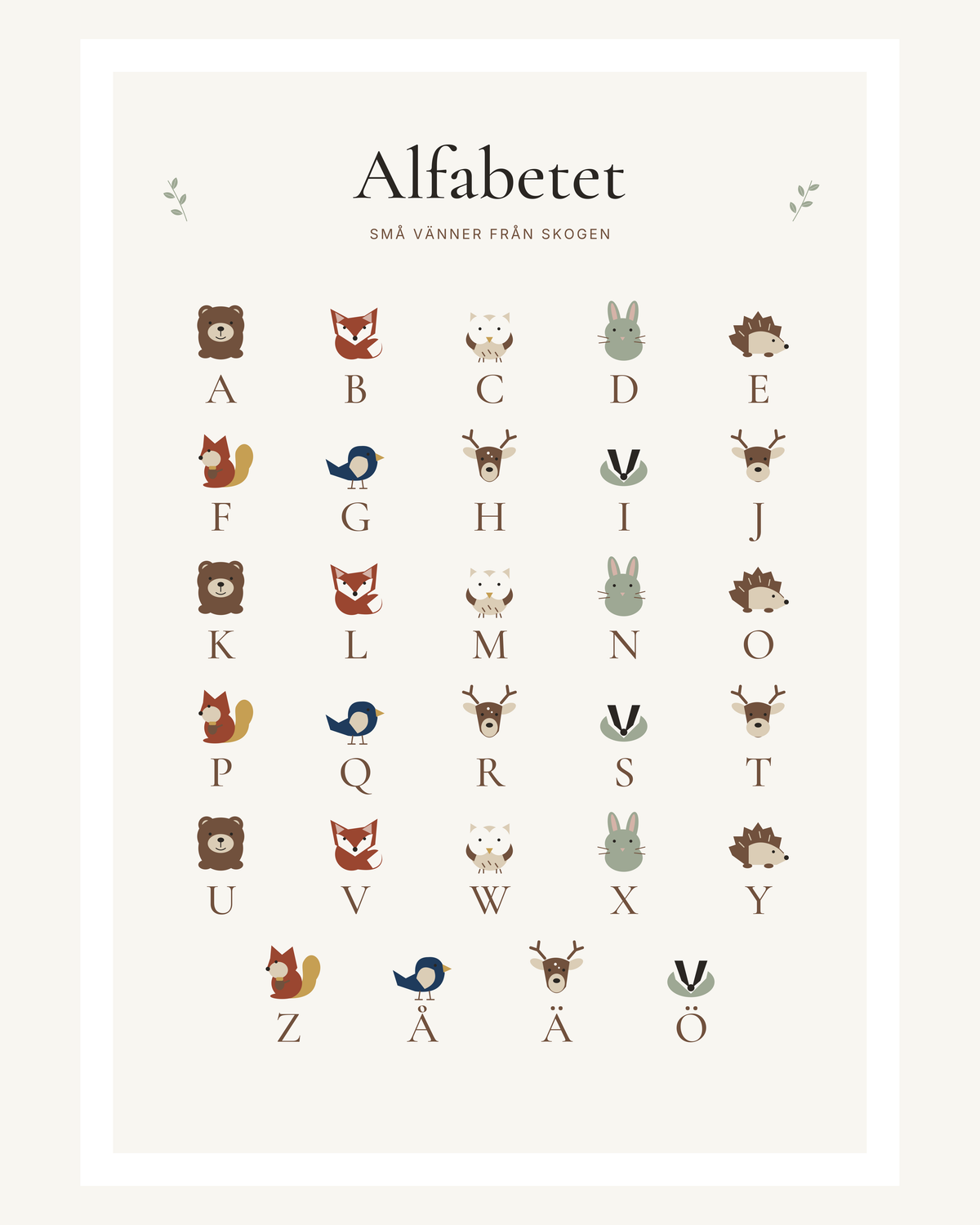 Svenska alfabetets 29 bokstäver A–Ö med små björnar, rävar, ugglor och andra skogsdjur i milda färger. – 40 × 50 cm med ljus marginal.