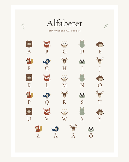 Svenska alfabetets 29 bokstäver A–Ö med små björnar, rävar, ugglor och andra skogsdjur i milda färger. – 40 × 50 cm med ljus marginal.