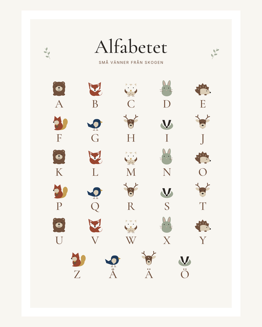 Svenska alfabetets 29 bokstäver A–Ö med små björnar, rävar, ugglor och andra skogsdjur i milda färger. – 40 × 50 cm med ljus marginal.