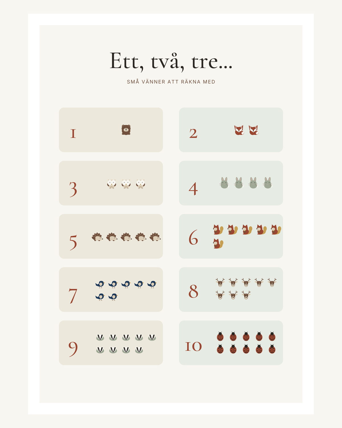 Räkneposter med siffrorna 1–10 och exakt lika många små djur vid varje siffra, från en björn till tio nyckelpigor. – 40 × 50 cm med ljus marginal.