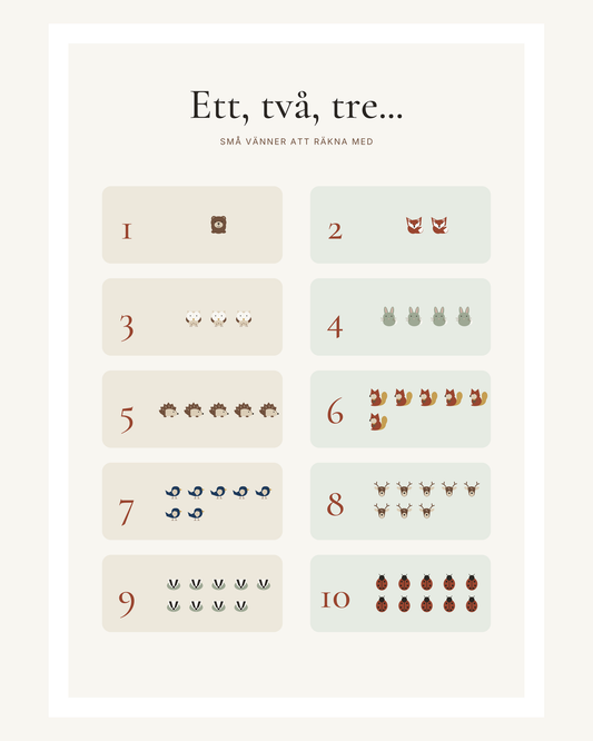 Räkneposter med siffrorna 1–10 och exakt lika många små djur vid varje siffra, från en björn till tio nyckelpigor. – 40 × 50 cm med ljus marginal.