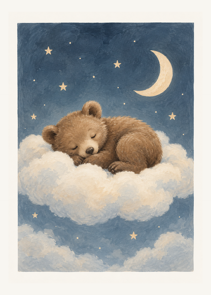 En liten brun björn sover på ett mjukt moln under en blå stjärnhimmel med månskära.