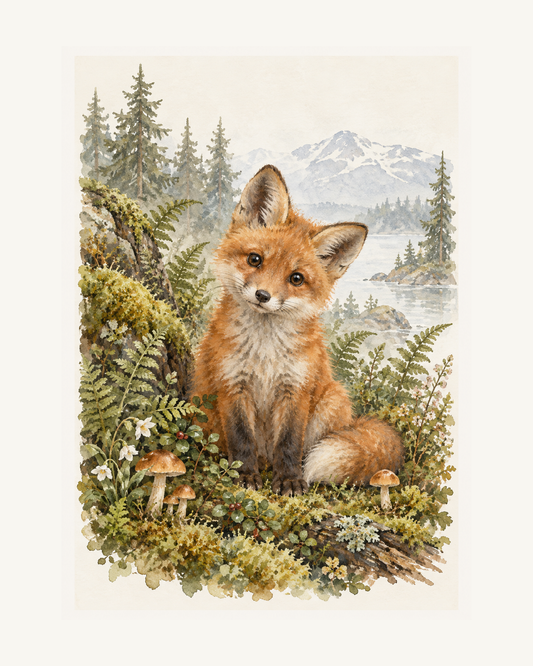 En nyfiken rävunge sitter bland ormbunkar, mossa och små svampar i en nordisk skog. – 40 × 50 cm med ljus marginal.