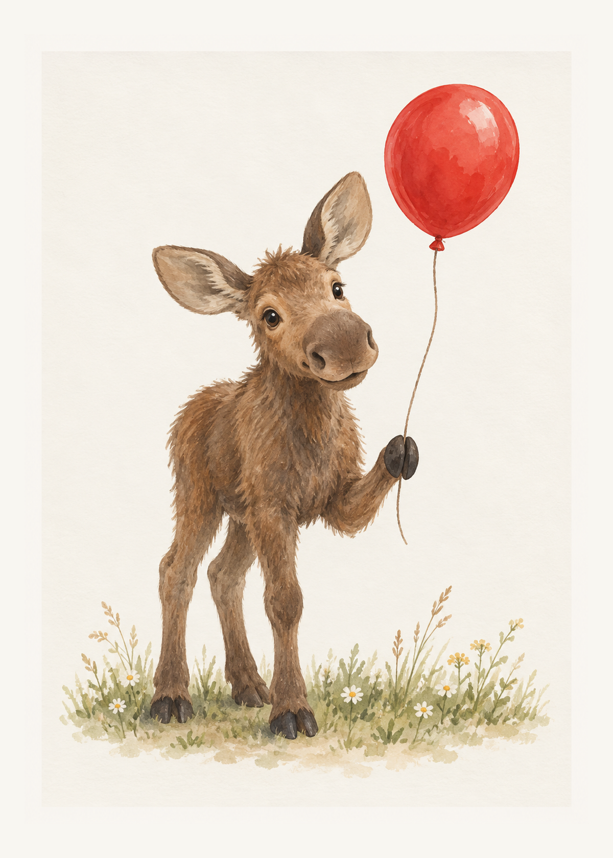 En glad älgkalv håller en röd ballong över en sommaräng på varmvit bakgrund.