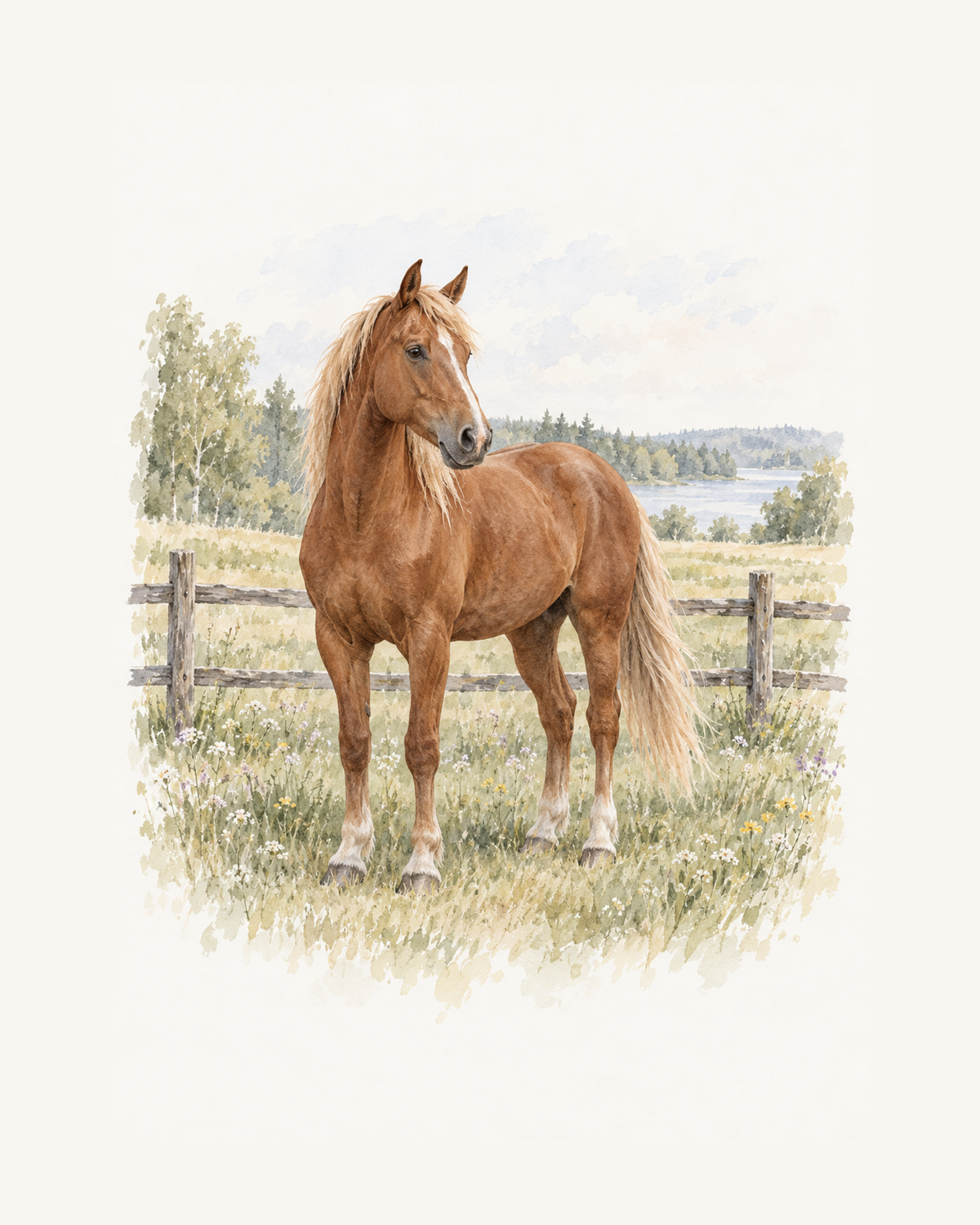 En fuxfärgad häst med ljus man står i en sommarhage framför ett enkelt trästaket och en stilla sjö. – 40 × 50 cm med ljus marginal.