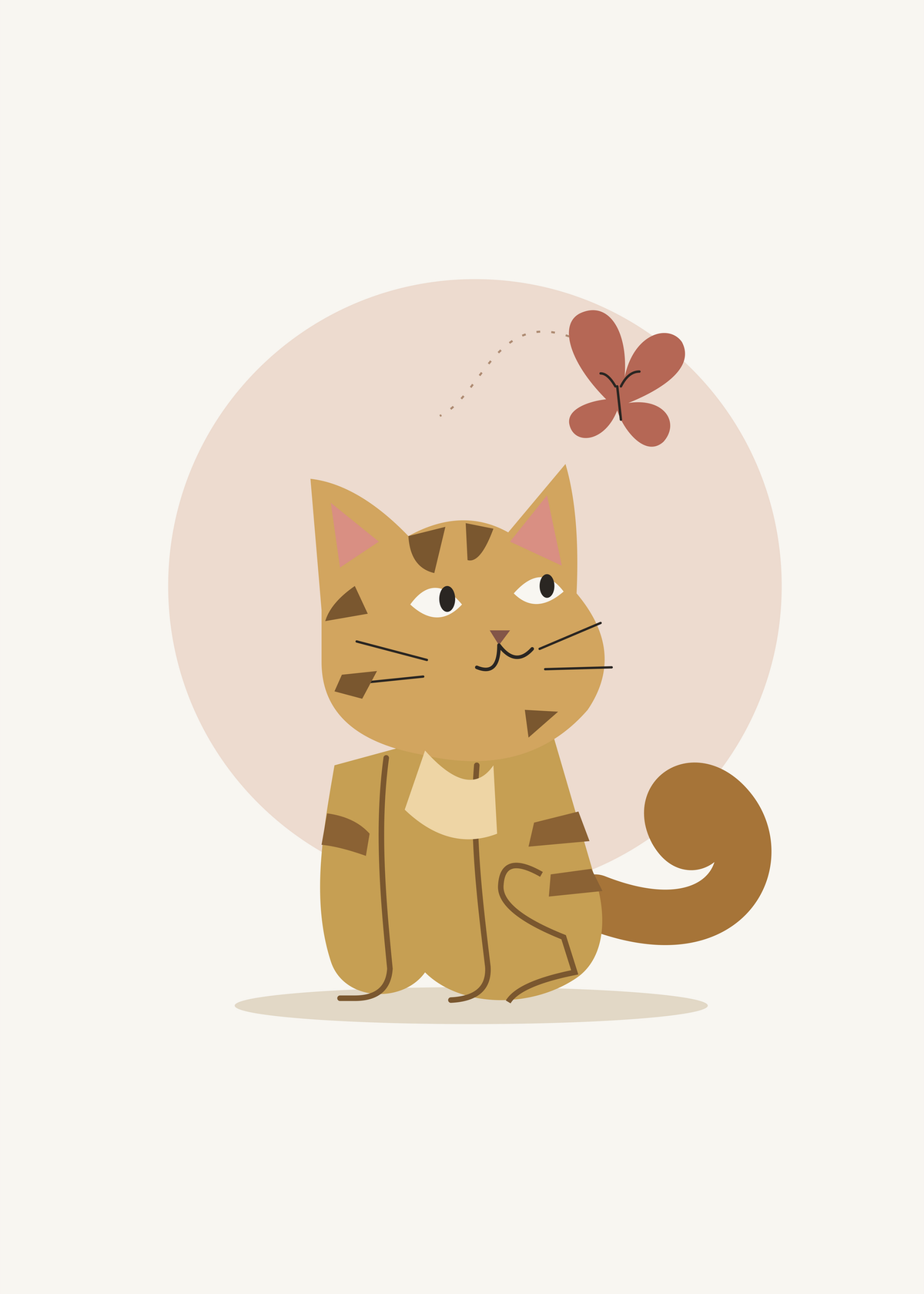En randig ockragul katt tittar upp på en liten terrakottaröd fjäril mot en varm rosa cirkel.