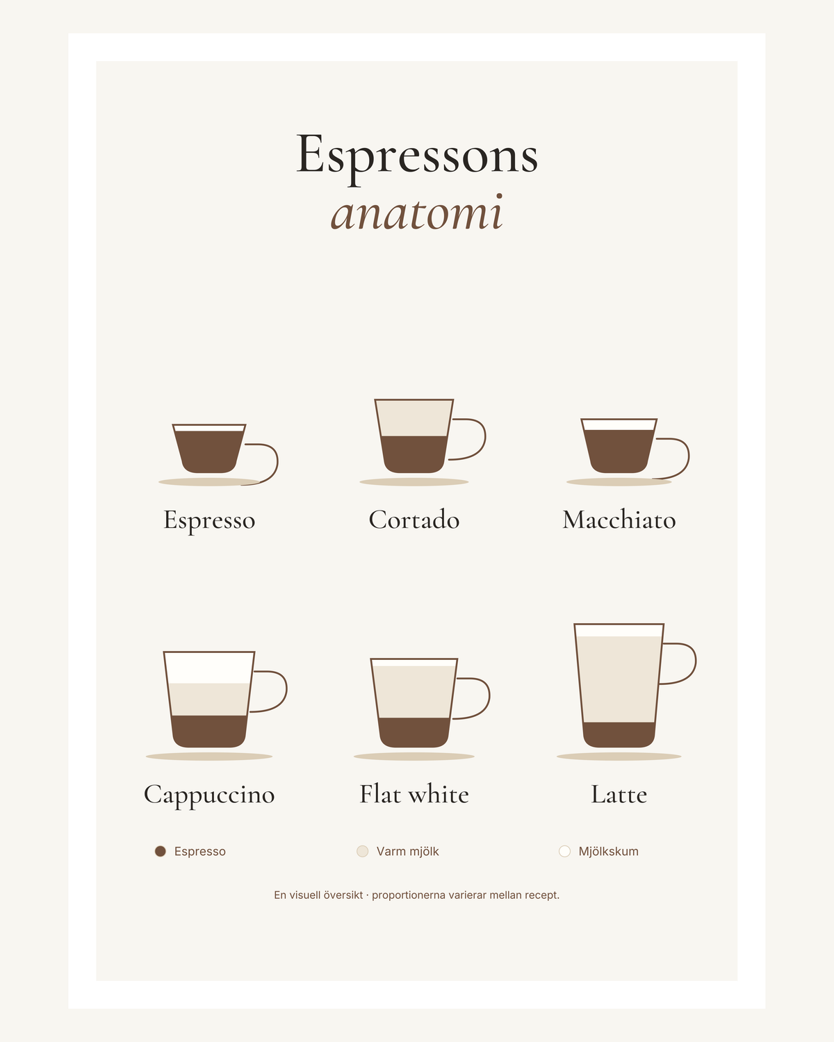 Sex kaffedrinkar i genomskärning med lager av espresso, varm mjölk och mjölkskum: espresso, cortado, macchiato, cappuccino, flat white och latte. – 40 × 50 cm med ljus marginal.