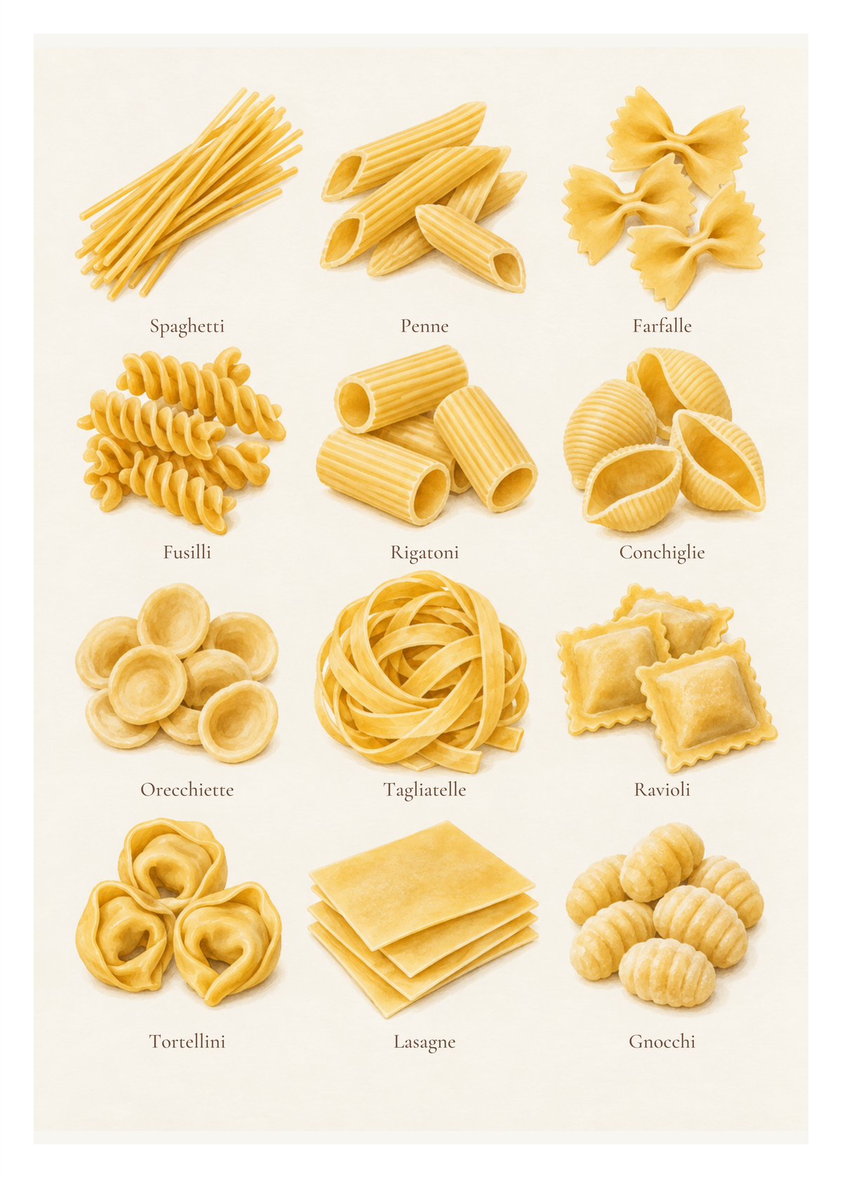 Tolv guldfärgade pastasorter med kontursatta namn, från spaghetti och penne till tortellini, lasagne och gnocchi.