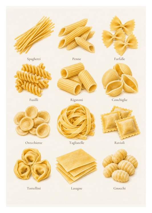 Tolv guldfärgade pastasorter med kontursatta namn, från spaghetti och penne till tortellini, lasagne och gnocchi.