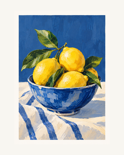 Gula citroner med gröna blad i en blå keramikskål, målade med kraftiga penseldrag. – 40 × 50 cm med ljus marginal.