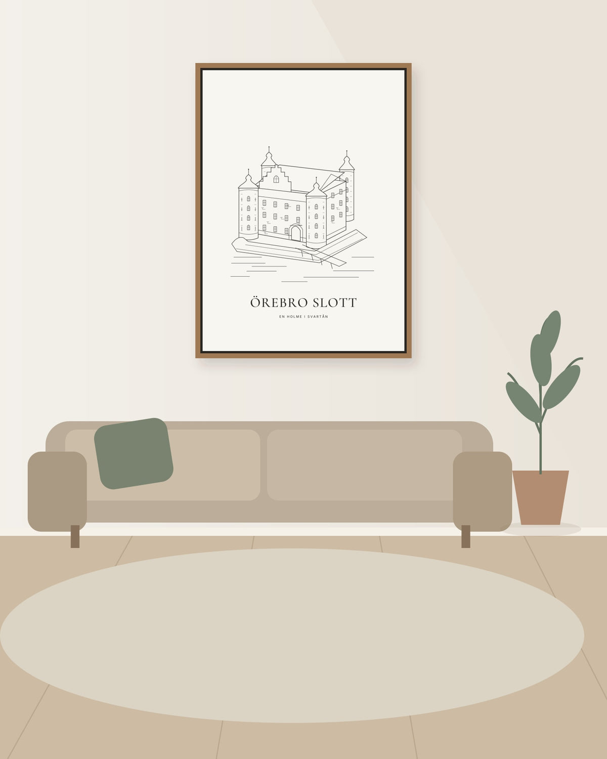 Örebro slott – line art i en illustrerad rumsmiljö. Ram ingår inte.